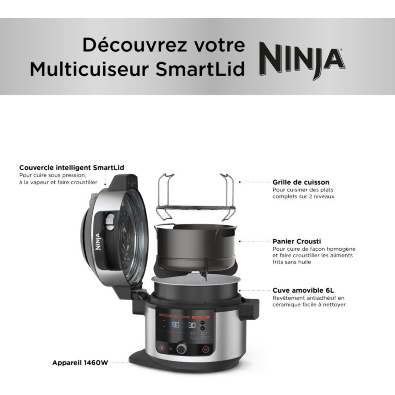 Multicuiseur NINJA Foodi OL550EU gris/noir 6 L, 11 modes de cuisson dont air fryer