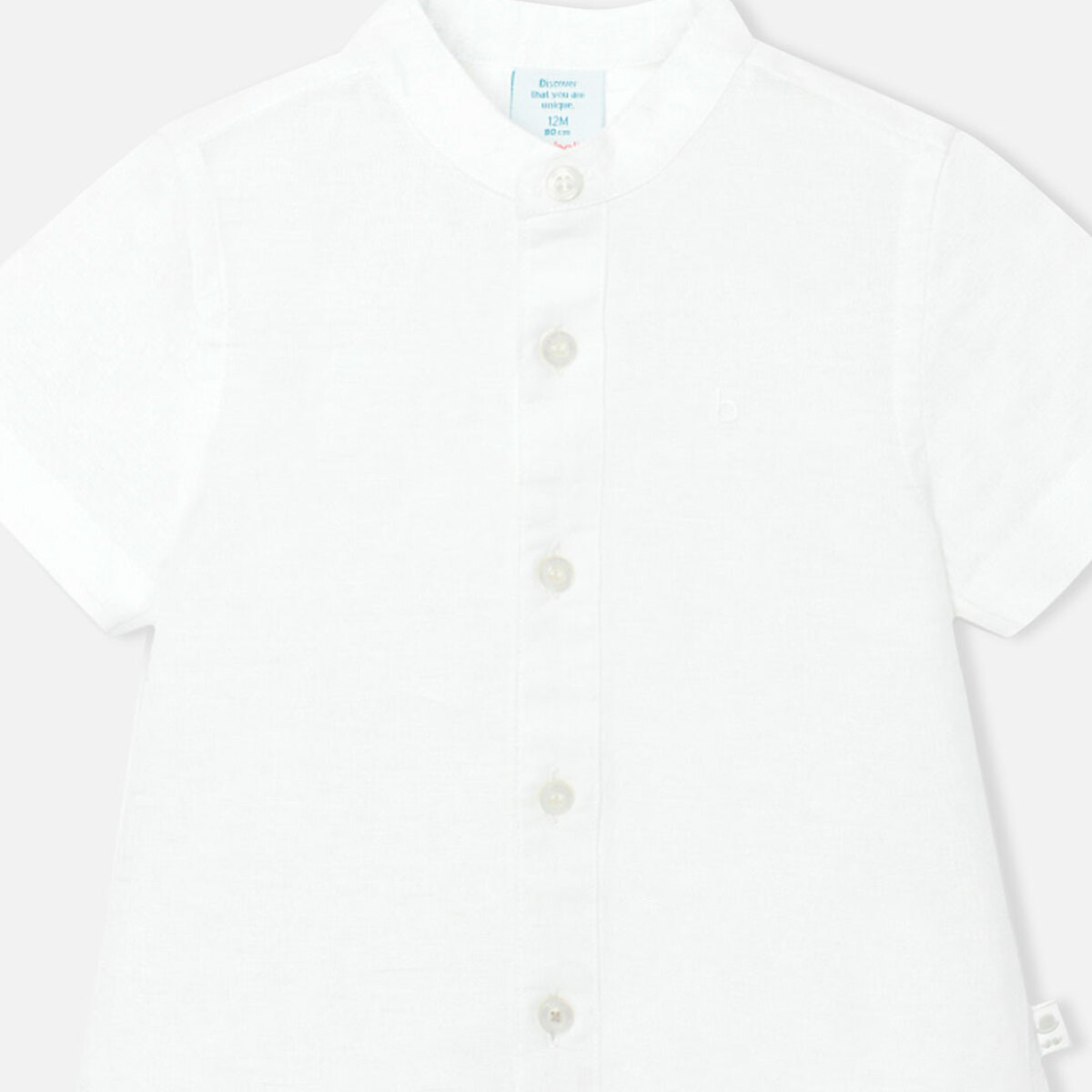 Camisa de lino niño, cuello mao, mangas cortas, blanco