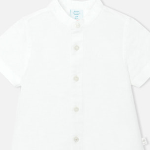 Camisa de lino niño, cuello mao, mangas cortas, blanco