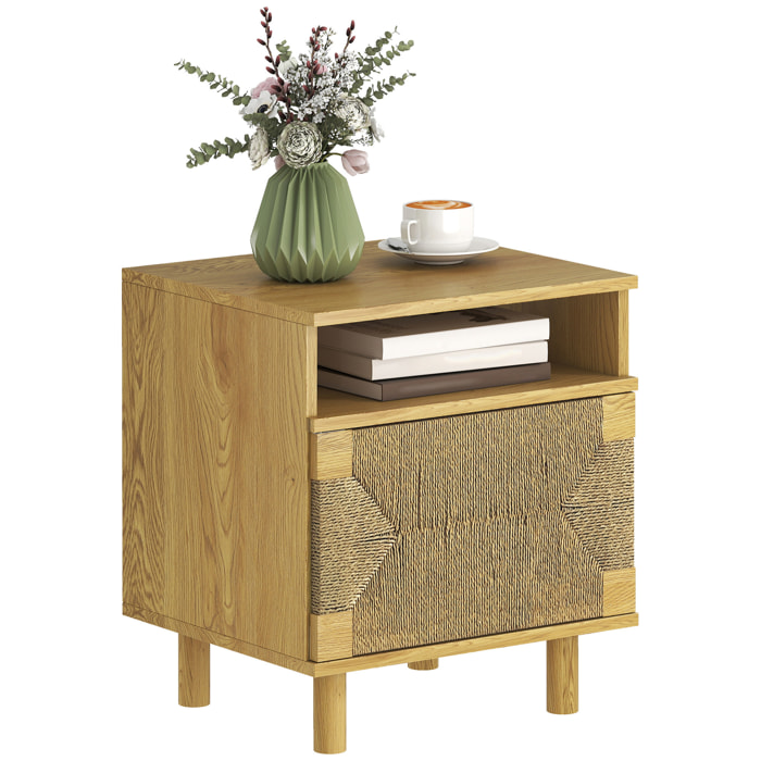 Mesita de Noche Bohemio con Puerta de Cuerda de Papel, Mesilla de Noche con Estante Abierto, Patas de Madera y Apertura por Presión, Mesa Auxiliar para Dormitorio, Salón, 45x39x50 cm, Roble