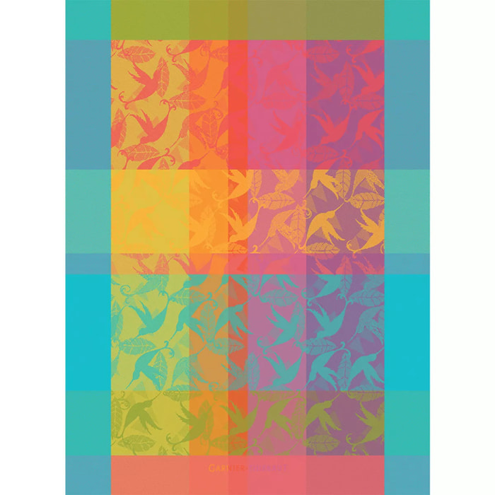 Torchon pur coton motif jacquard multicolore Mille colibris antilles