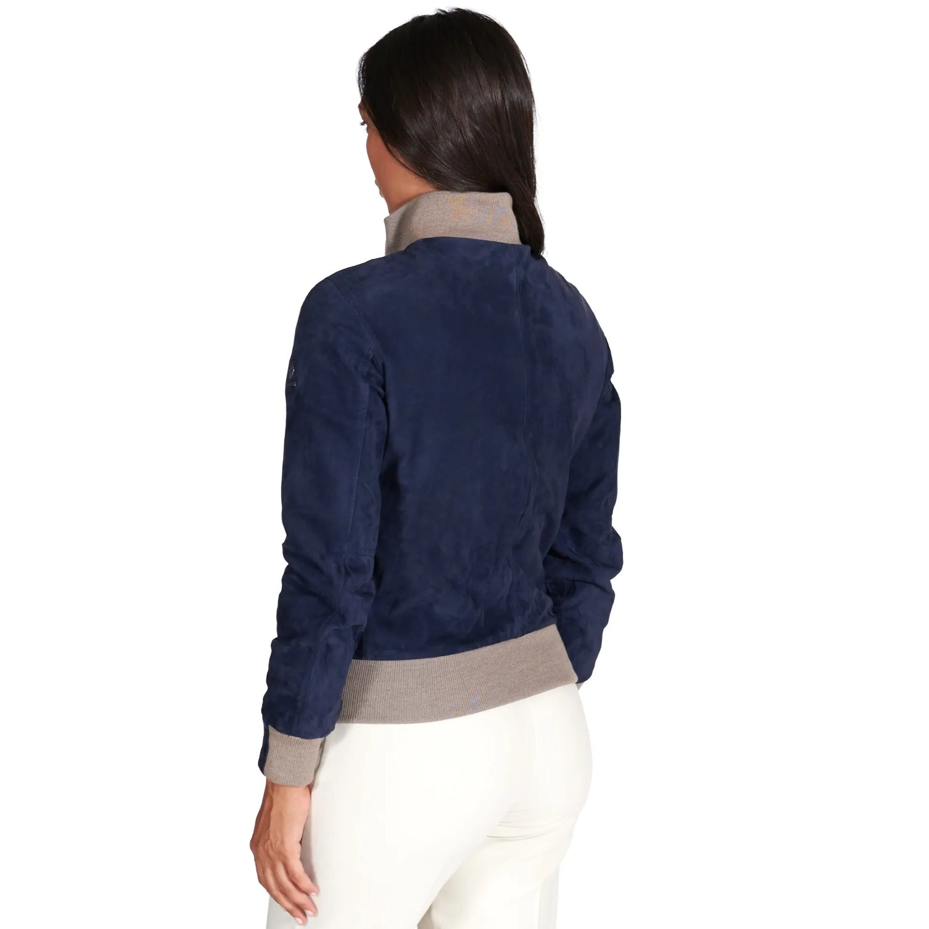 Bomber in pelle scamosciata blu collo in lana merino