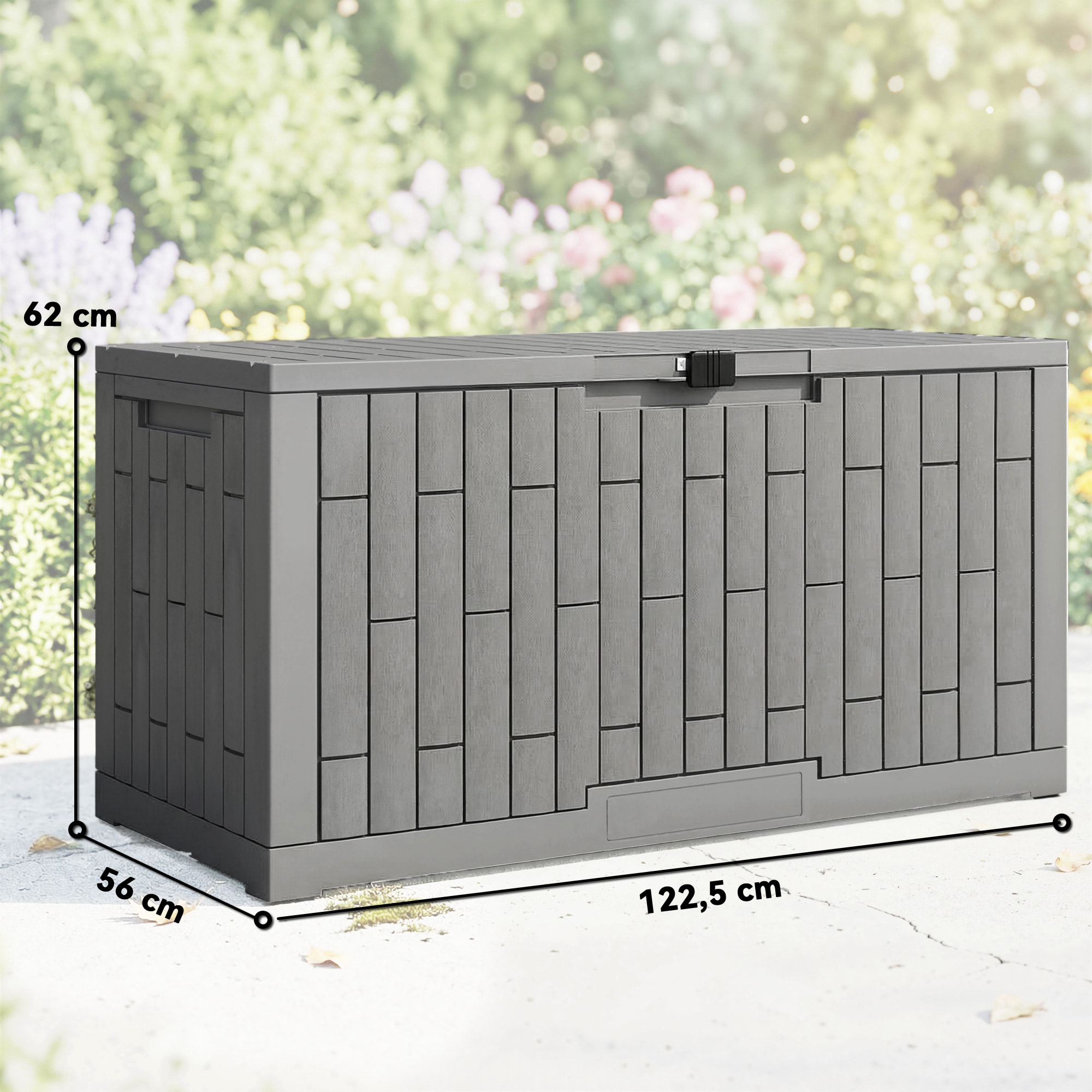Coffre de jardin 379L verrouillable PP aspect bois gris