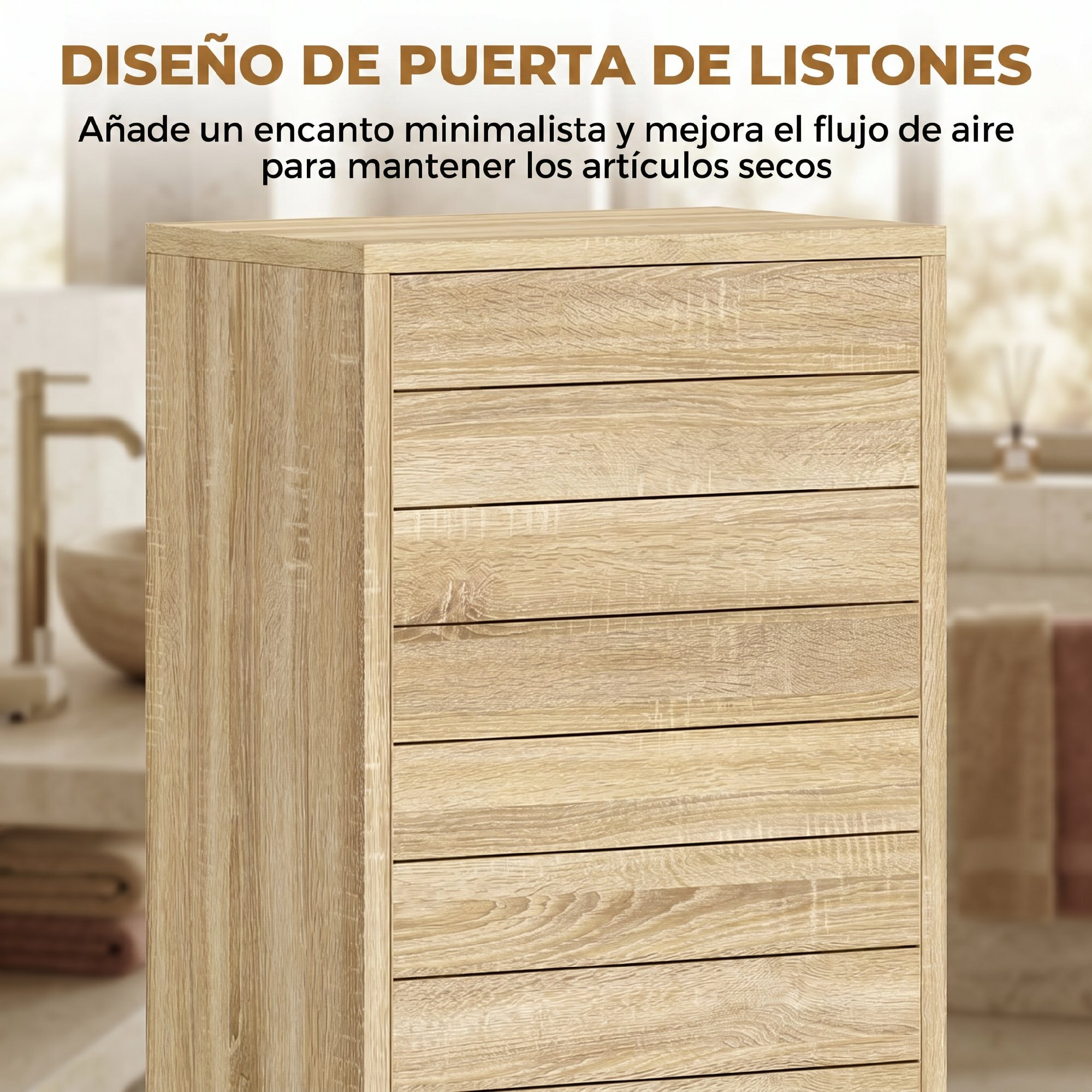 Armario de Baño Estrecho, Mueble Auxiliar de Baño con Puerta de Listones, 3 Estantes y Estante Ajustable, Apertura por Presión, Ahorro Espacio, 34x23x84 cm, Natural