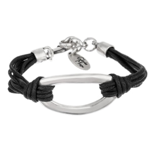 Pulsera cordón negro y eslabón plata chapado