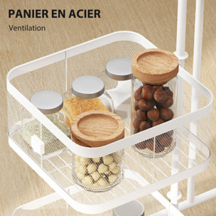 Resserre de cuisine 4 paniers rotatifs sur roues en métal H.77cm blanc