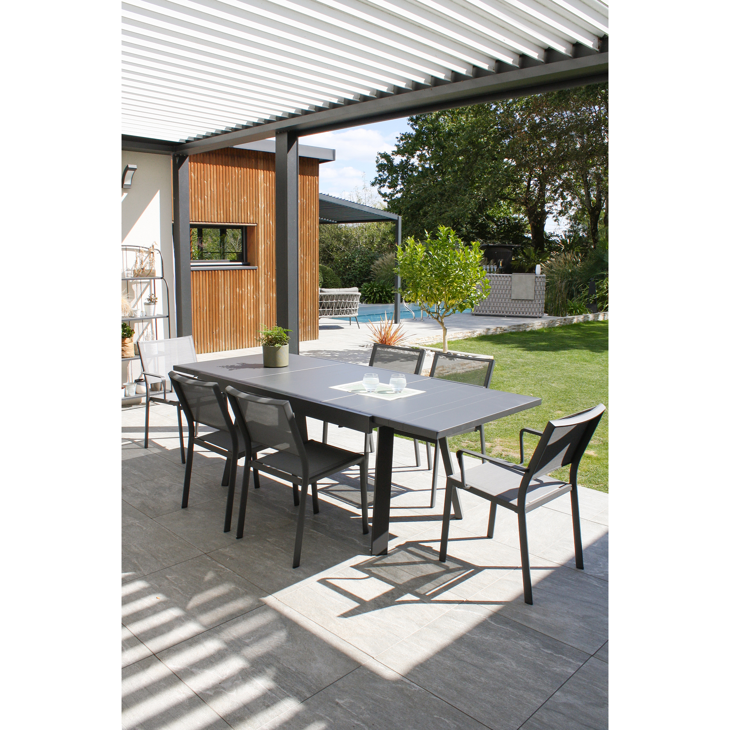 STOCKHOLM - Ensemble repas de jardin 6 places en aluminium gris anthracite