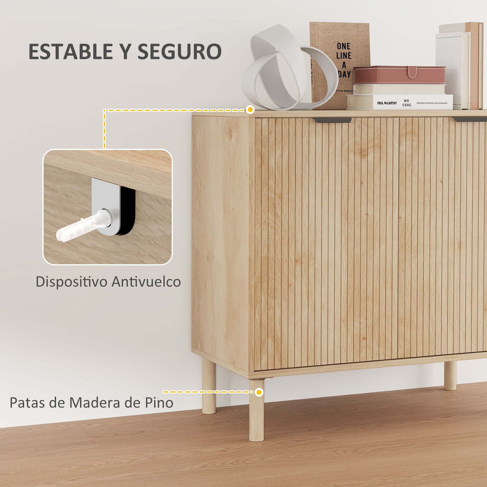 Aparador de Salón Aparador con Estante Ajustable 2 Puertas Sistema Anti-vuelco y Patas de Madera de Pino para Comedor Pasillo 78x40x77,5 cm Roble