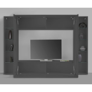 Parete attrezzata Giuliano, Set salotto porta TV a 4 ante, Mobile soggiorno multiuso con vetrina e luce LED, 100% Made in Italy, cm 260x30h180, Antracite