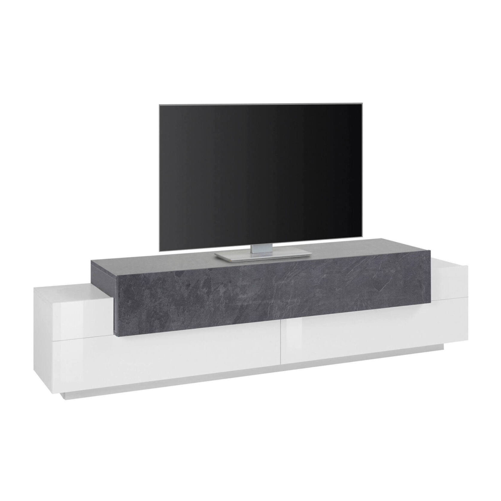 Mobile da soggiorno Porta TV, Made in Italy, Supporto per TV da salotto a 3 ante e ripiani, cm 200x45h52, colore Bianco lucido e Grigio Cenere