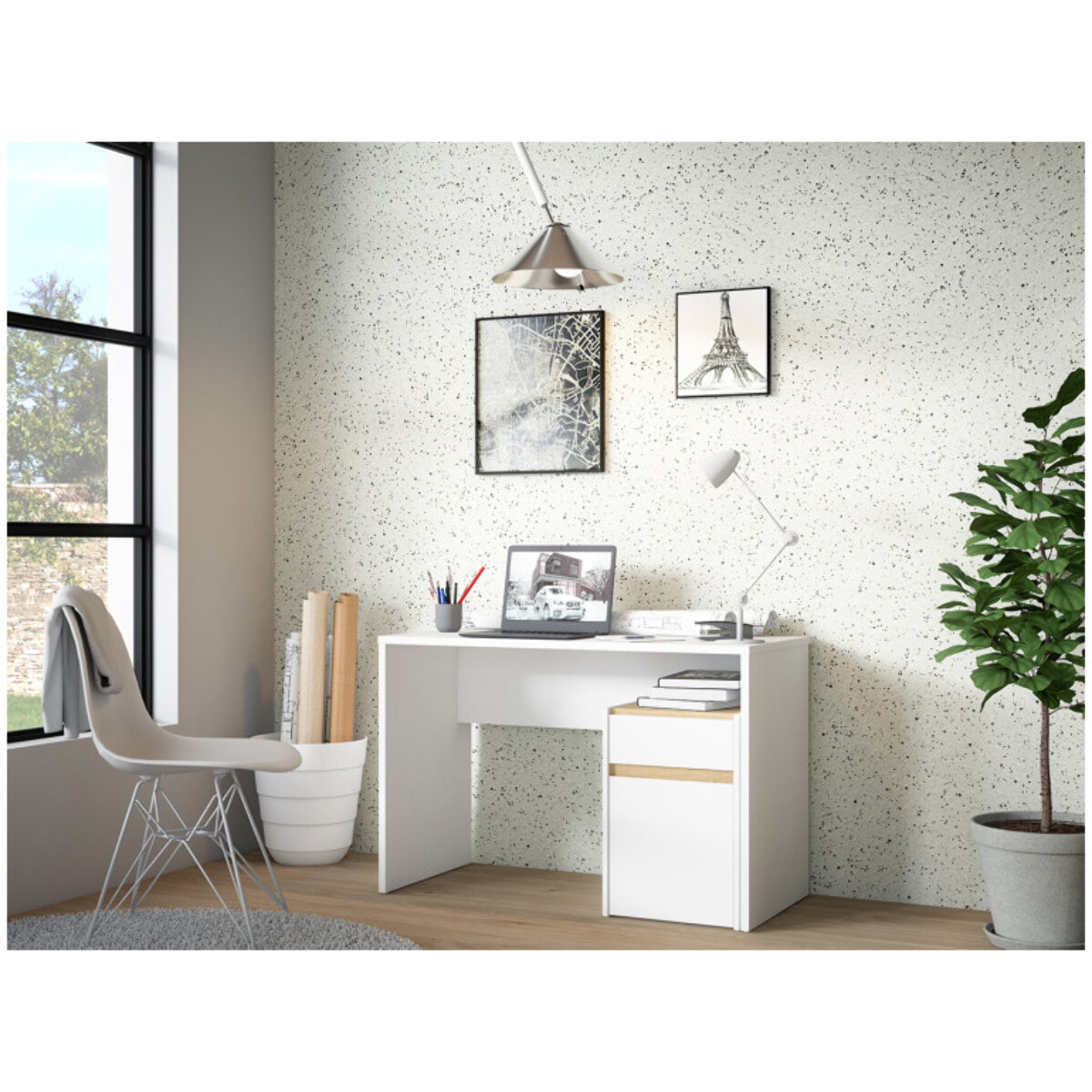 Bureau avec caisson amovible blanc mat et effet chêne - L110 CM - KIARA