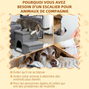 Escalier pour chat chien niche coffre 3 en 1 - 3 marches, coussin inclus - revêtement tissu rembourré doux - structure MDF - gris