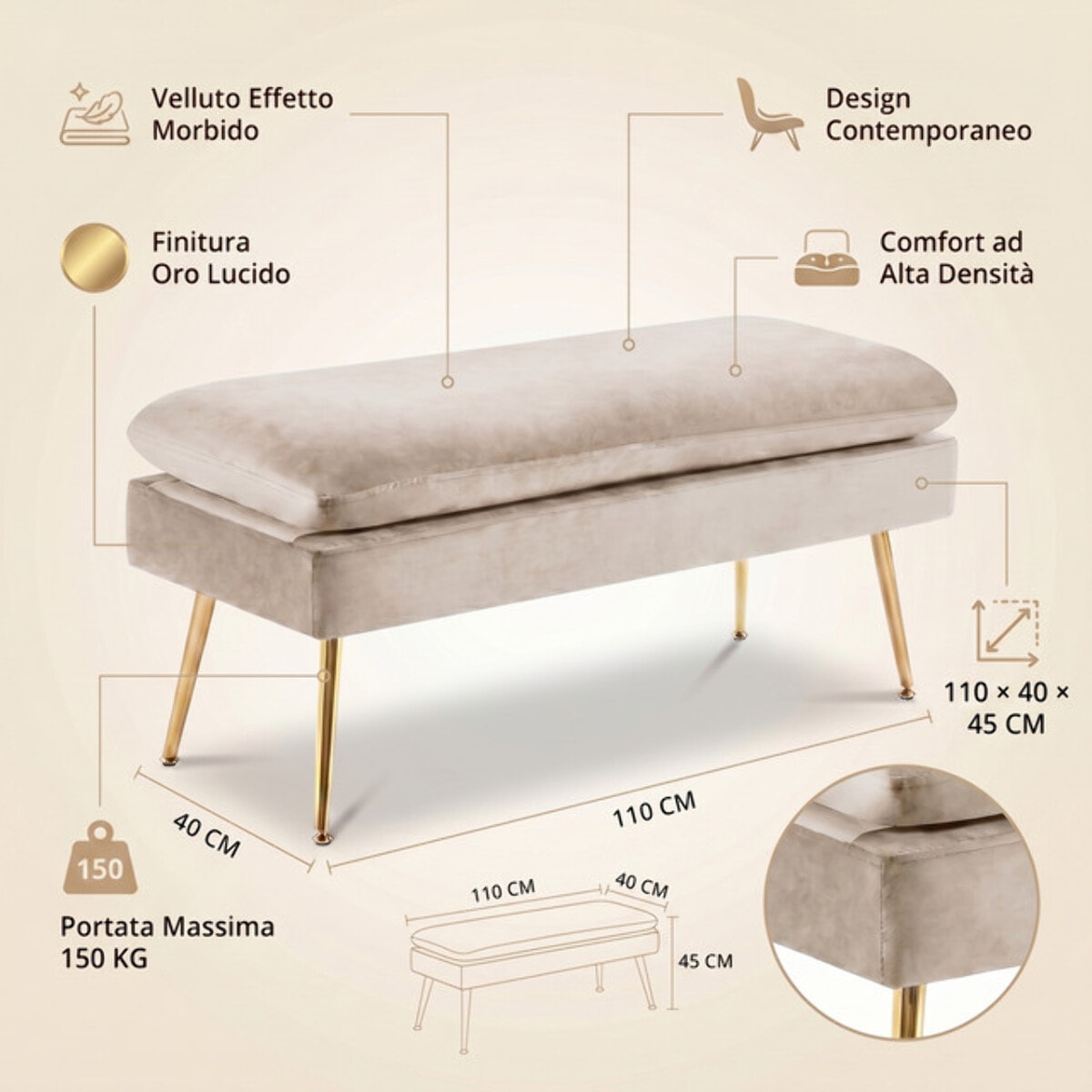 Panca Contenitore Imbottita in Effetto Velluto con Ampio Vano Portaoggetti, Seduta Confortevole e Gambe in Acciaio, Design Moderno per Camera da Letto, Ingresso e Soggiorno