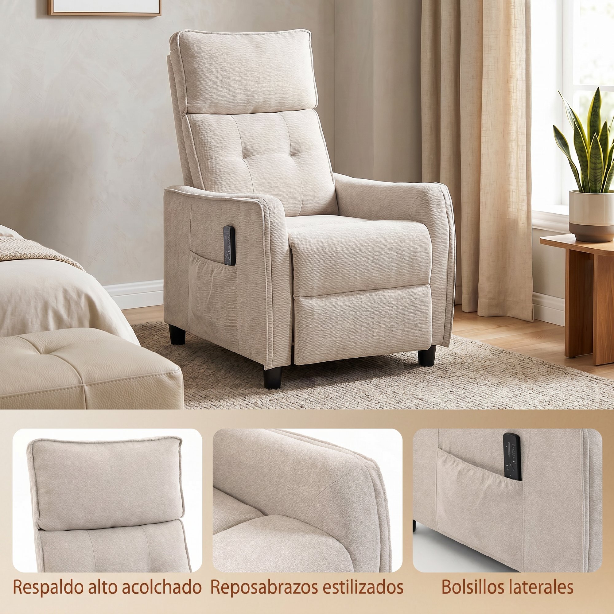 Sillón de Masaje, Sillón Relax Reclinable 160° con Mando a Distancia, Reposapiés, 2 Zonas de Masaje, Asiento de Muelles, Bolsillos, Tapizado en Lino Transpirable para Salón, 69x93x104 cm, Crema