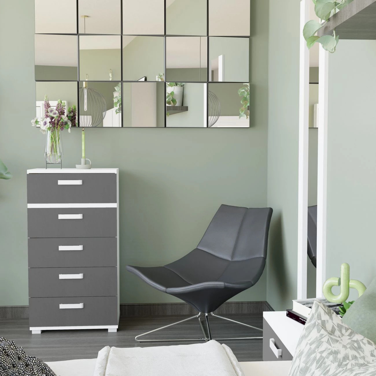 Sinfonier de 5 cajones en blanco y grafito 60x109,4cm Ataneq Blanco - Grafito