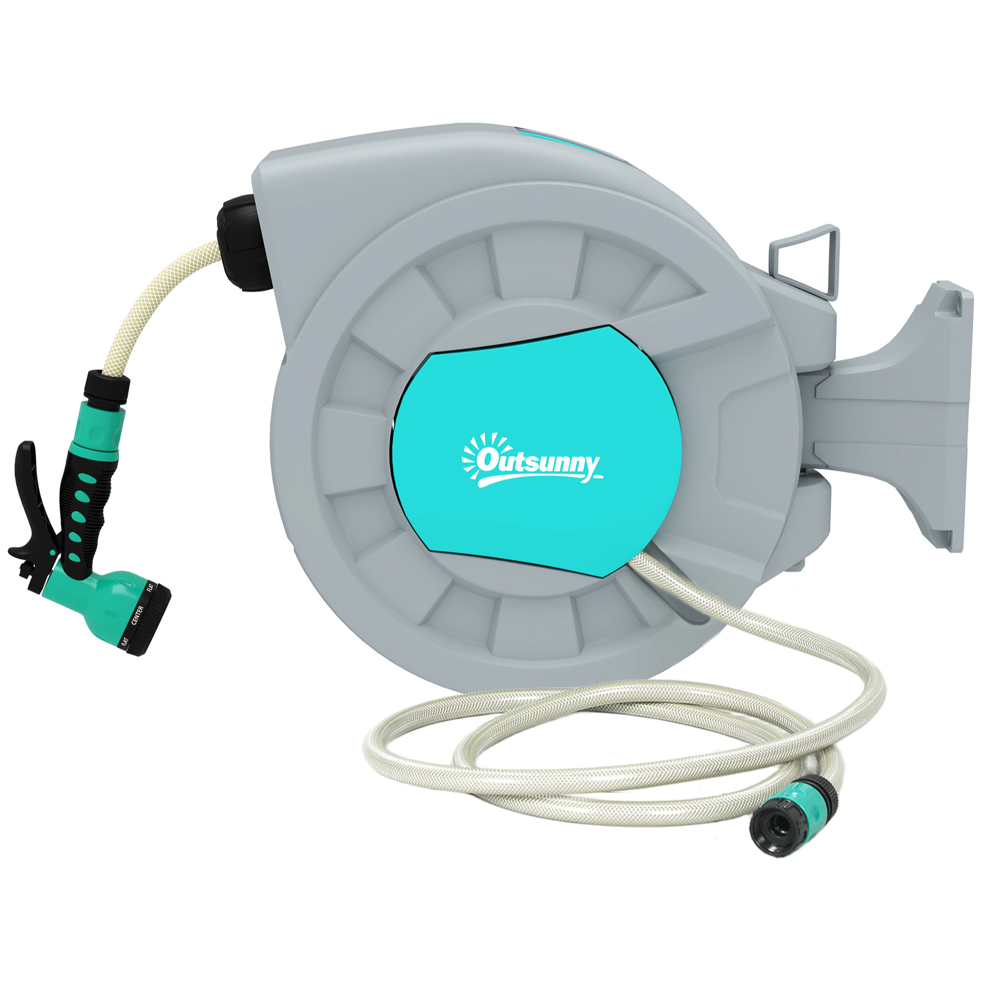 Dévidoir mural enrouleur automatique pivotant 180° tuyau 25 + 2 m avec lance arrosage 7 modes support mural intégré gris clair vert