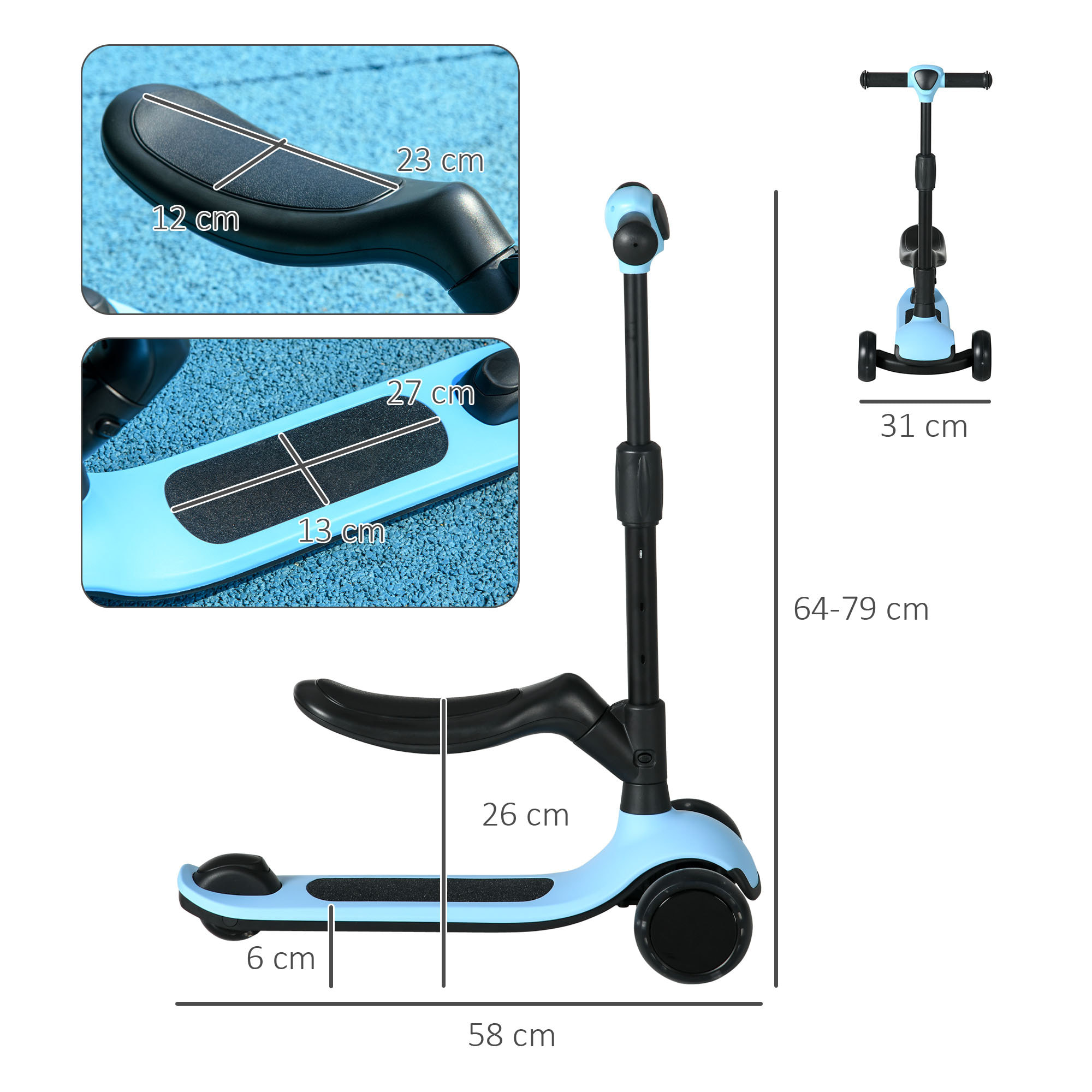 Patinete para Niños 2 en 1 Patinete Infantil Asiento Plegable con Altura Ajustable 3 Ruedas Brillantes para +18 Meses Carga 50 kg 58x31x64-79 cm Azul