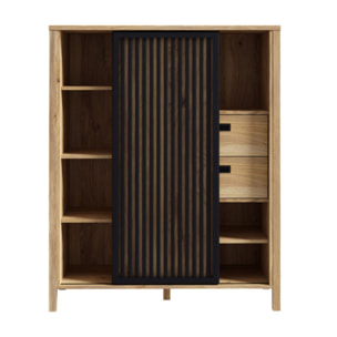 Armoirette L103cm 1 porte 2 tiroirs décor bois chêne et noir - BOSTON