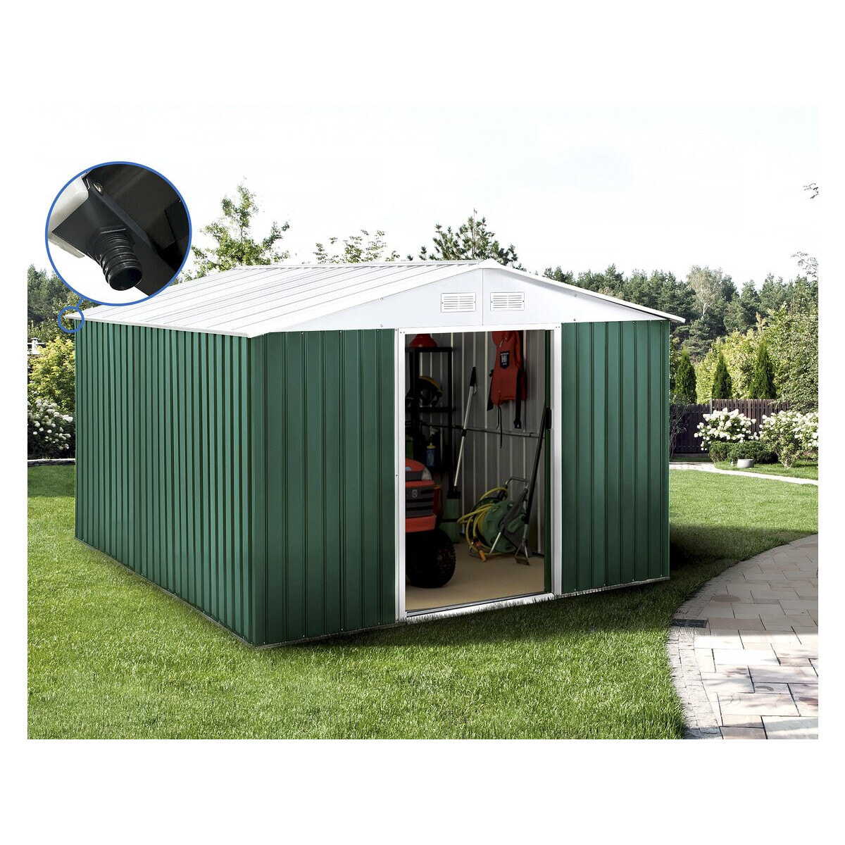 Abri de jardin métal - "Rosas " - 10.85 m² avec gouttière - Vert