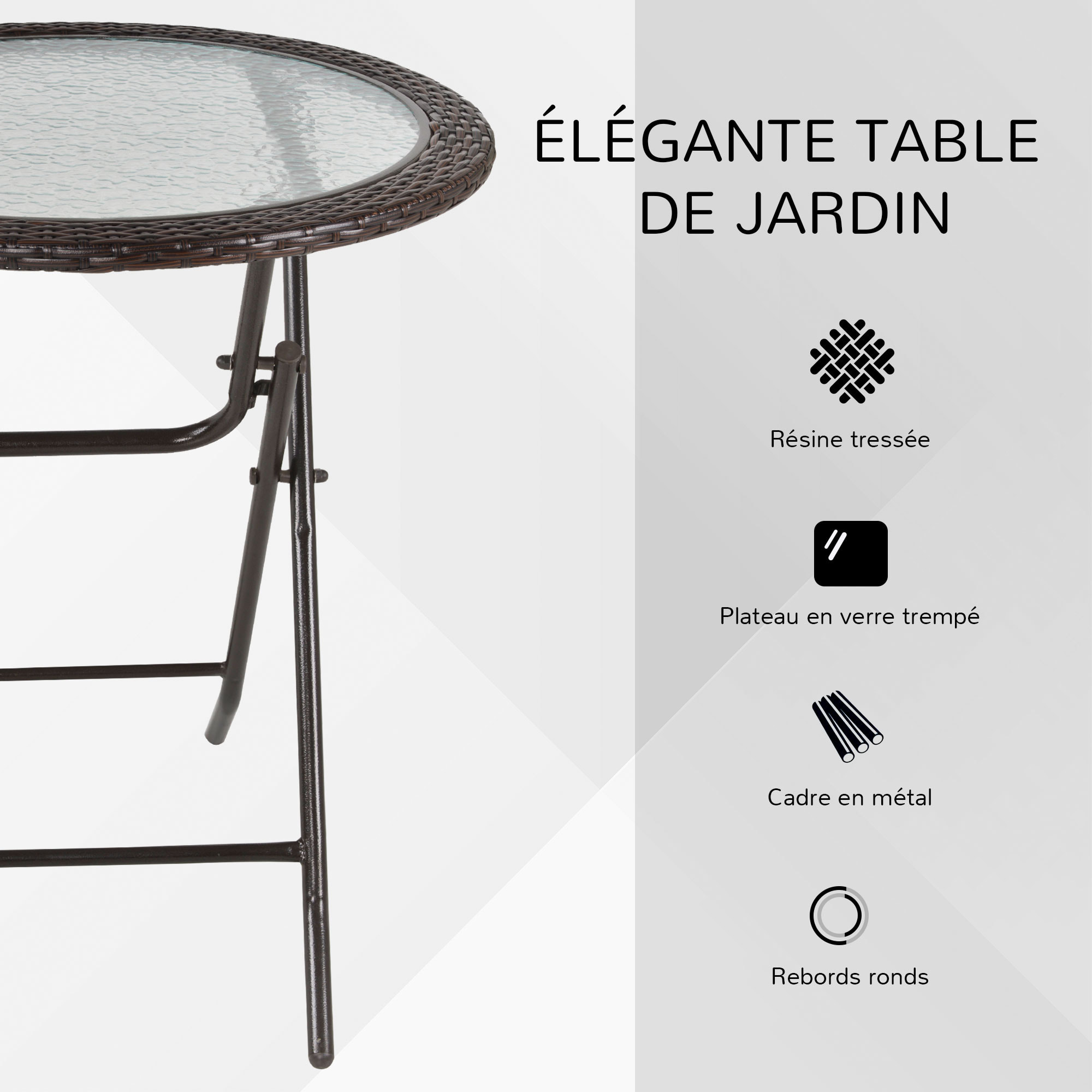 Table ronde bistro de jardin pliable dim. Ø 68 x 73H cm métal époxy résine tressée chocolat plateau verre trempé