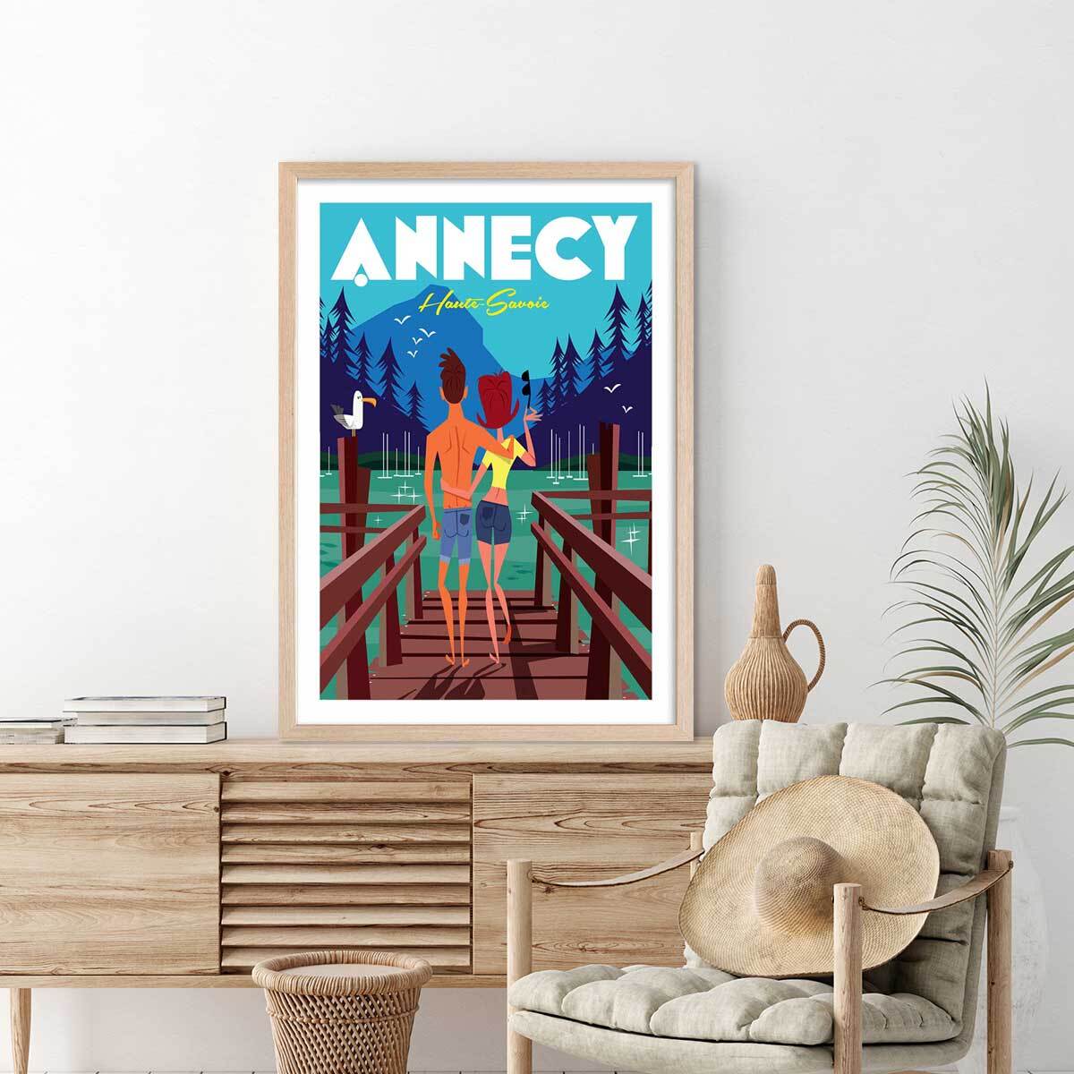 Poster le pont des amours annecy lac Affiche + cadre en bois - Chêne