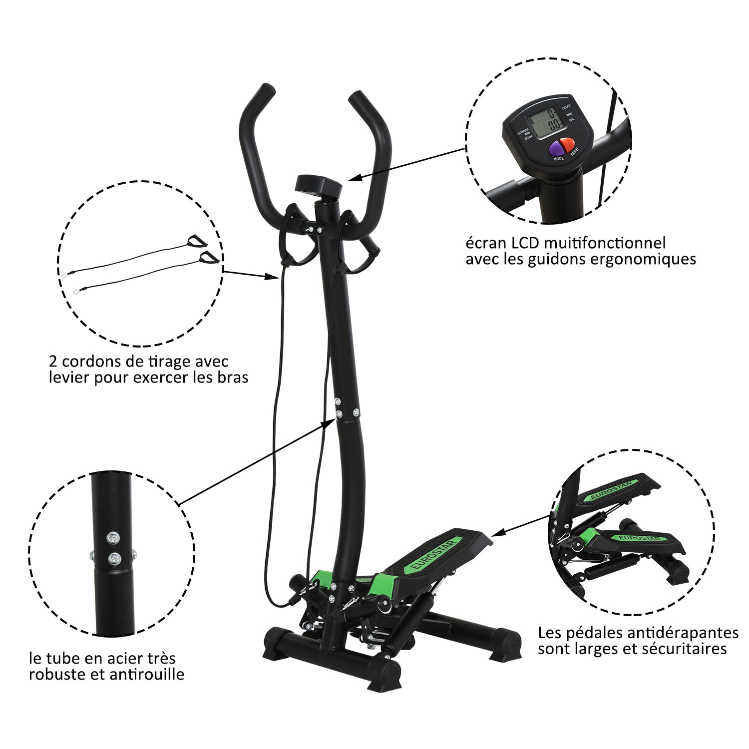 Mini stepper avec guidon, extenseurs, écran LCD multifonction et tapis antidérapant noir et vert