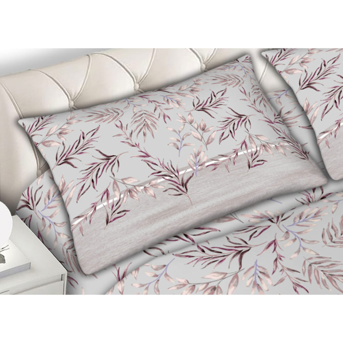 Completo Lenzuola In Calda Flanella Made in Italy Foliage Rosa