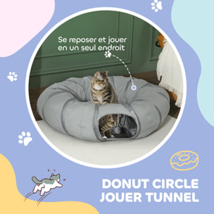 Tunnel pour chat intérieur - fonction lit pliable avec coussin et jeu balle suspendue - gris