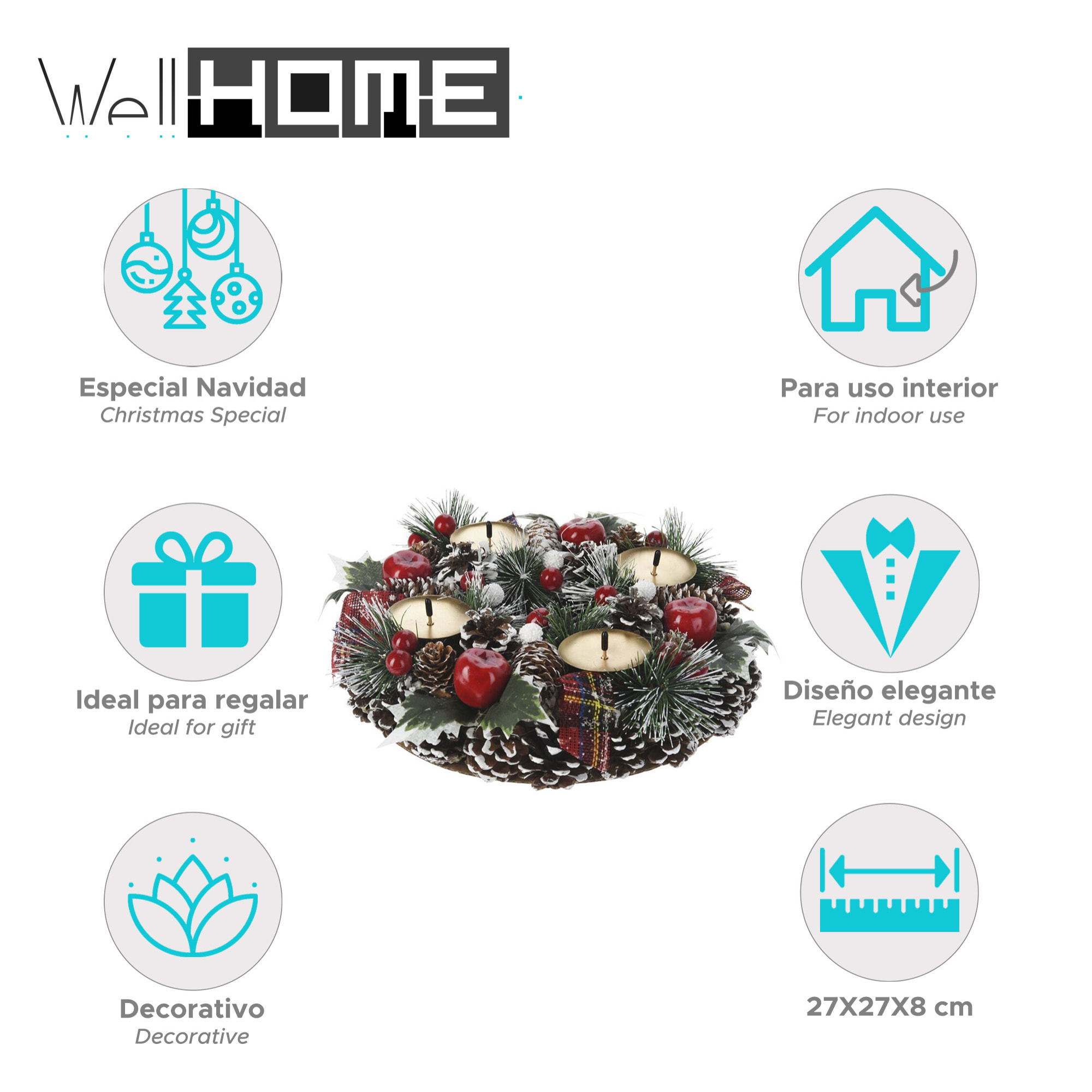 Corona con candelabro en diseño redondo con piñas y detalles rojo 27x8cm