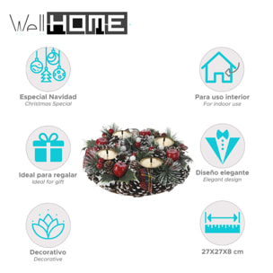 Corona con candelabro en diseño redondo con piñas y detalles rojo 27x8cm