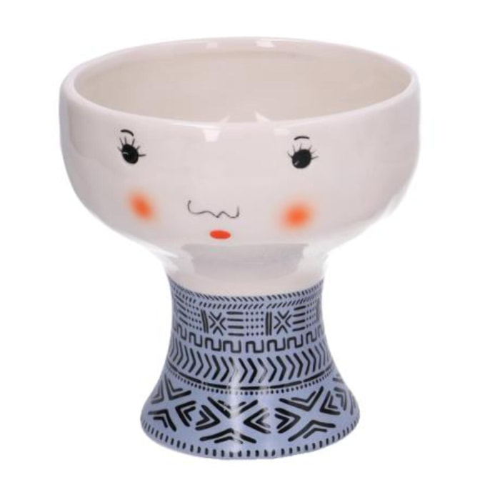 Portavaso in ceramica viso, azzurro e decori nero cm ø14h14,1