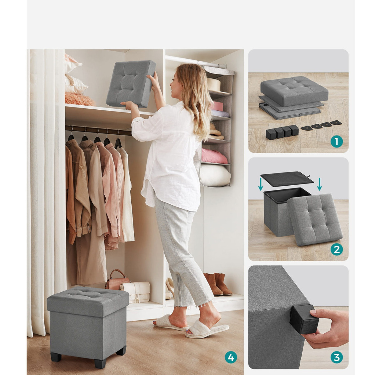 Pouf contenitore pieghevole grigio chiaro in tessuto effetto lino