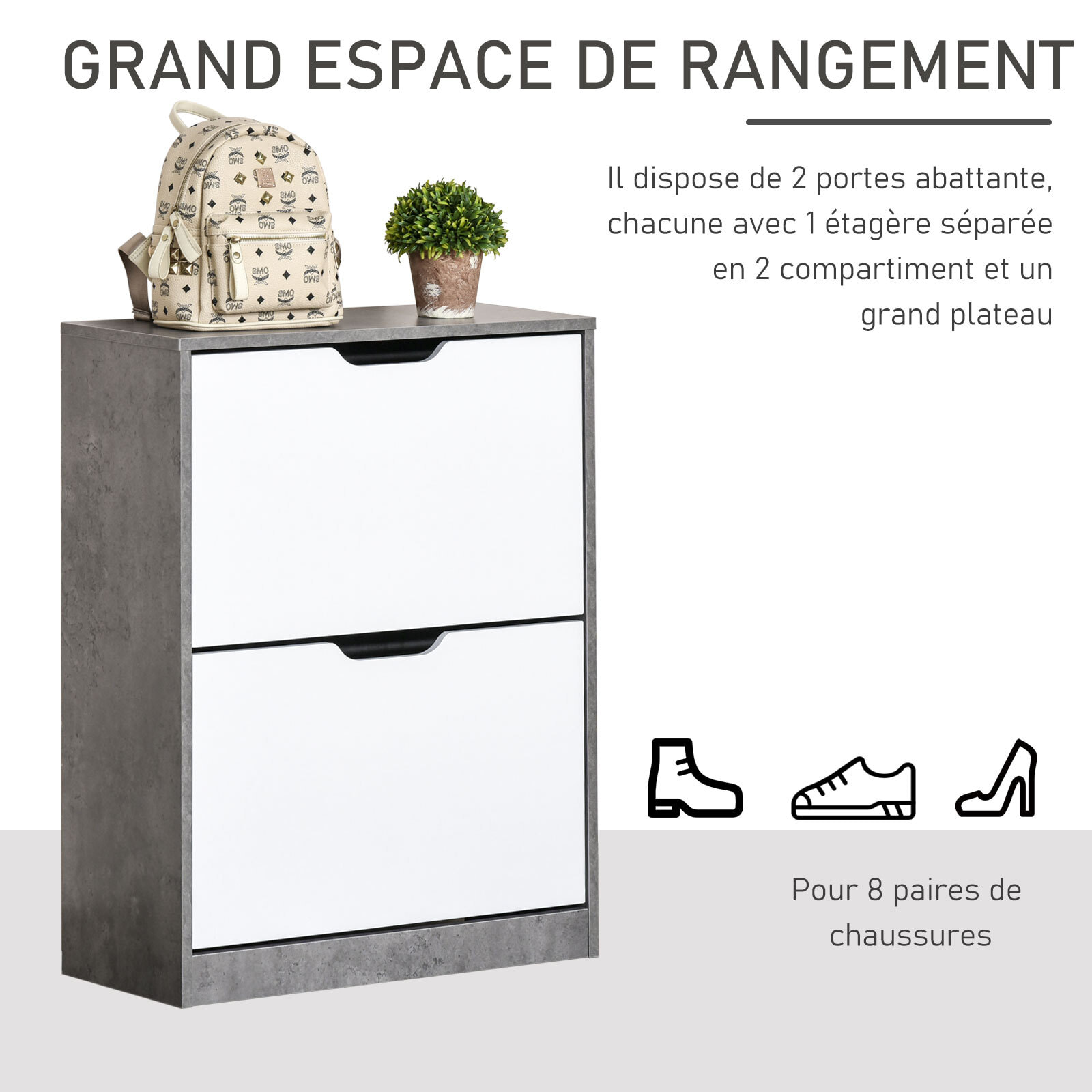 Armoire à chaussures meuble à chaussures dim. 62L x 26l x 81H cm 2 portes abattantes blanc effet béton ciré