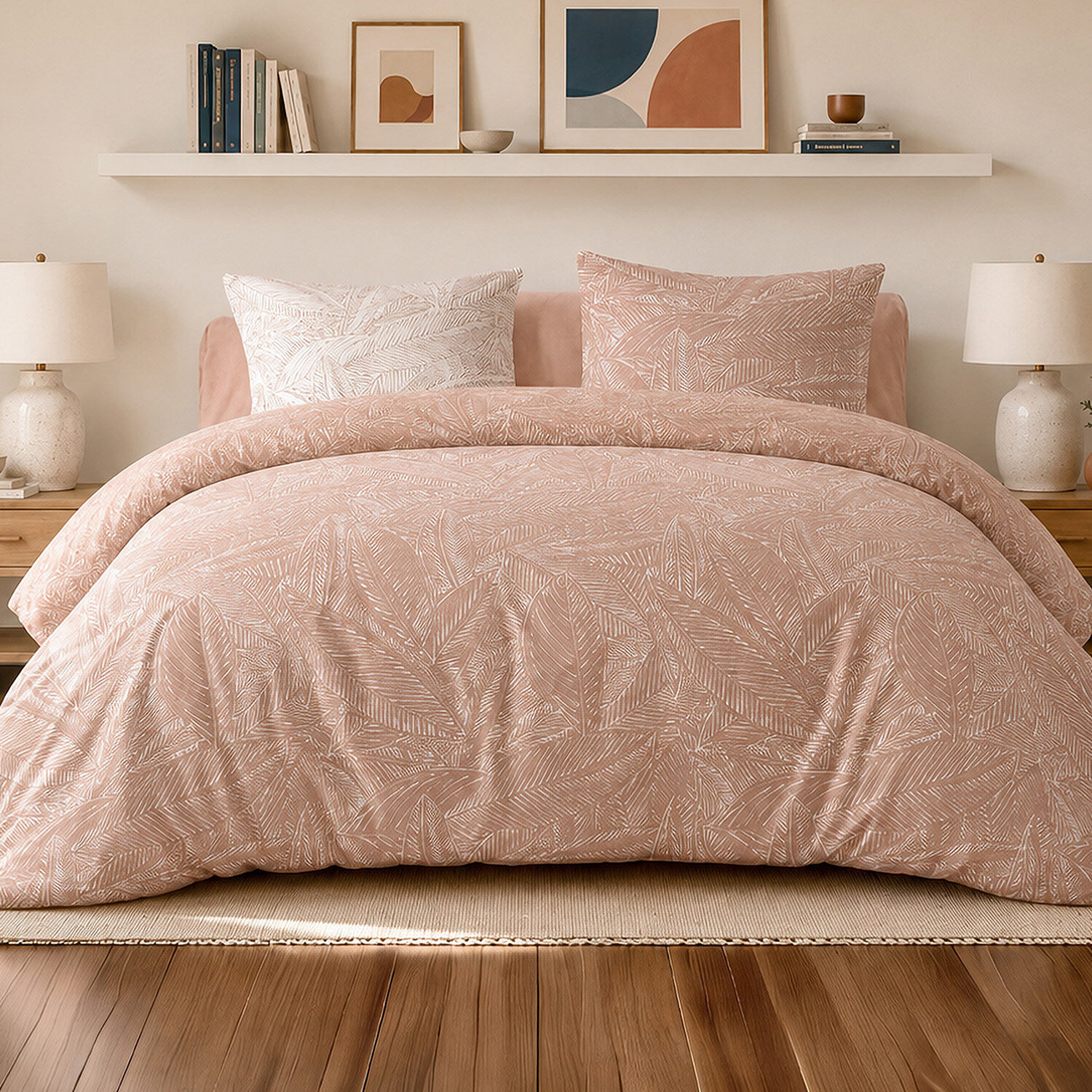 Parure housse de couette 100% percale de coton motif feuilles tropical rose - AMBRE
