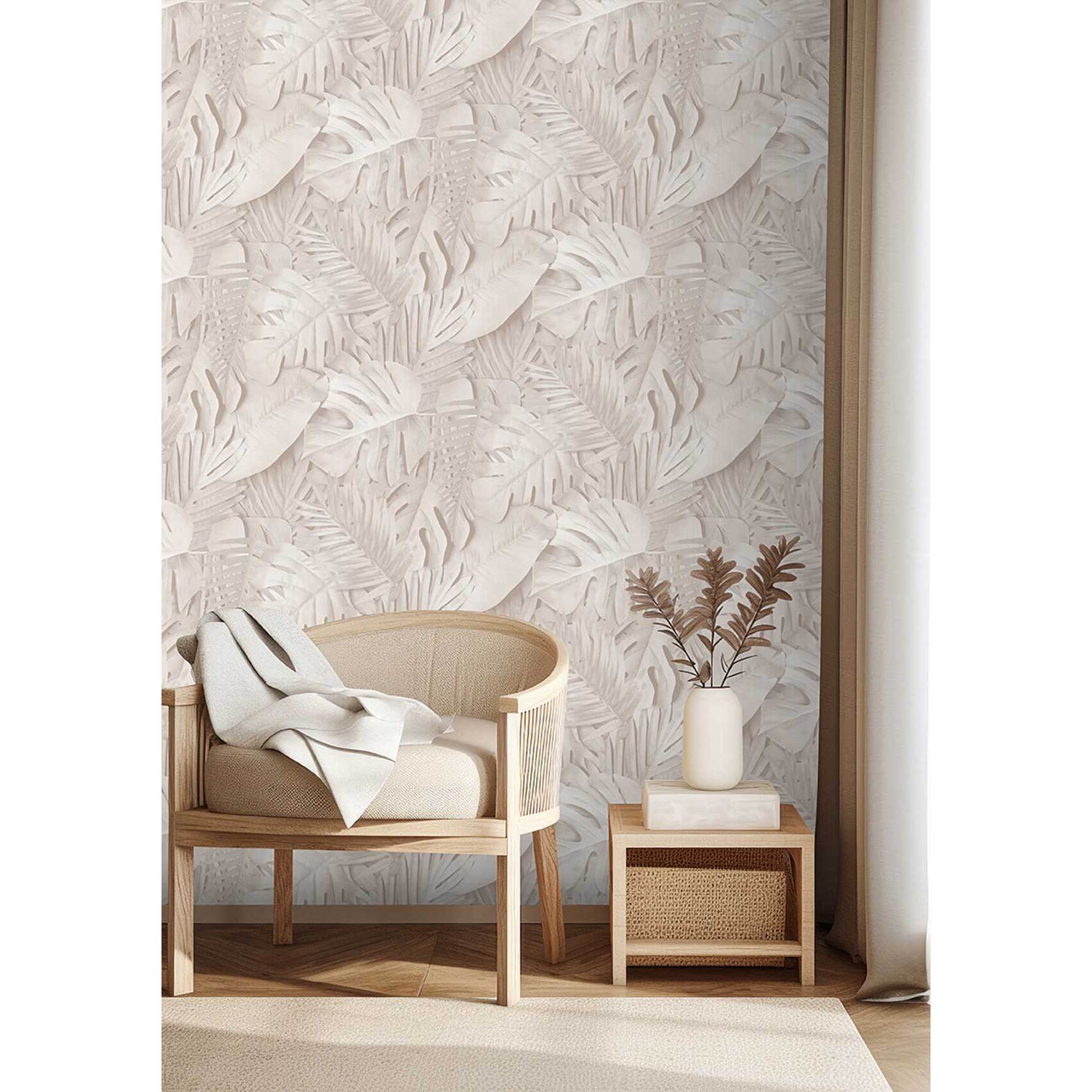 Papier peint feuillage tropical beige élégant