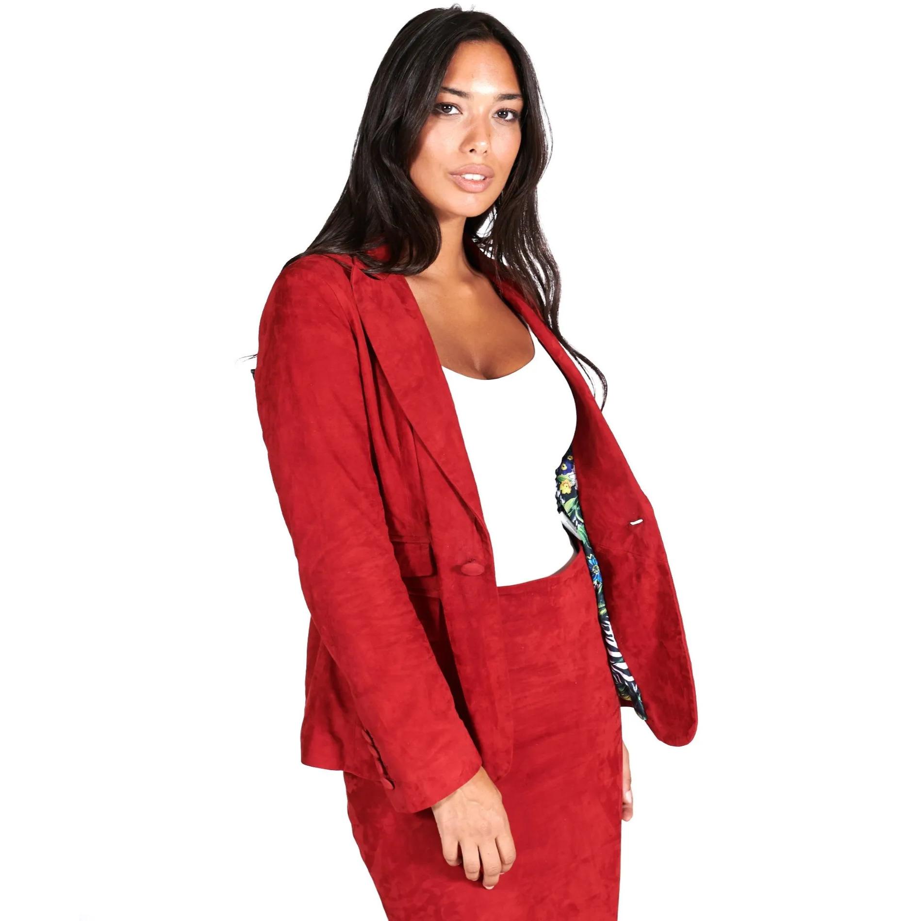 Giacca blazer in pelle scamosciata bordeaux un bottone