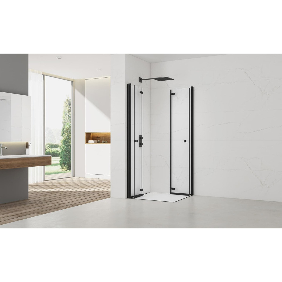 SAT SK  Porte de douche acces en angle pliantes 90x90cm  anticalcaire avec profilés noir mat (SATSK9090C)