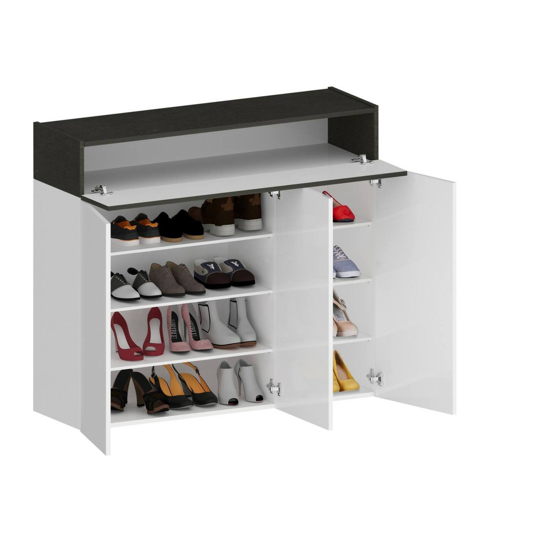 Scarpiera Griselda, Porta scarpe salvaspazio a 4 ante, Armadio multifunzione da ingresso, 114x38h100 cm, Bianco e Ardesia