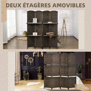 Paravent séparateur de pièce 4 panneaux pliables dim. 160L x 170H cm - 2 étagères - bois fibre papier brun