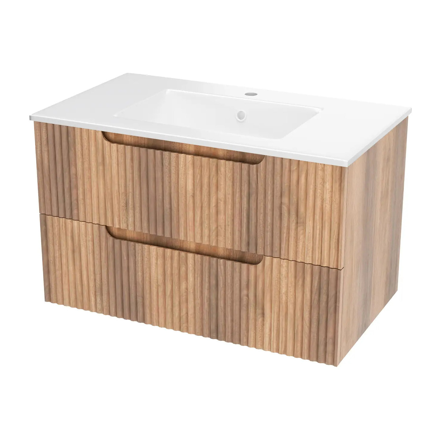 Meuble de Salle de Bains LEON 80cm Décor Bois - 2 Tiroirs en MDF Ondulés - Vasque à encastrer