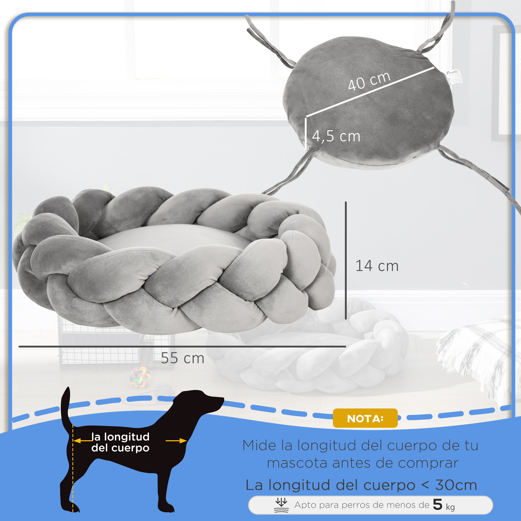 Cama para Perros Pequeños Antiestrés Cama para Gatos Lavable Cama para Mascotas Redondo con Cojín Independiente y Cuerda de Algodón 55x55x14 cm Gris