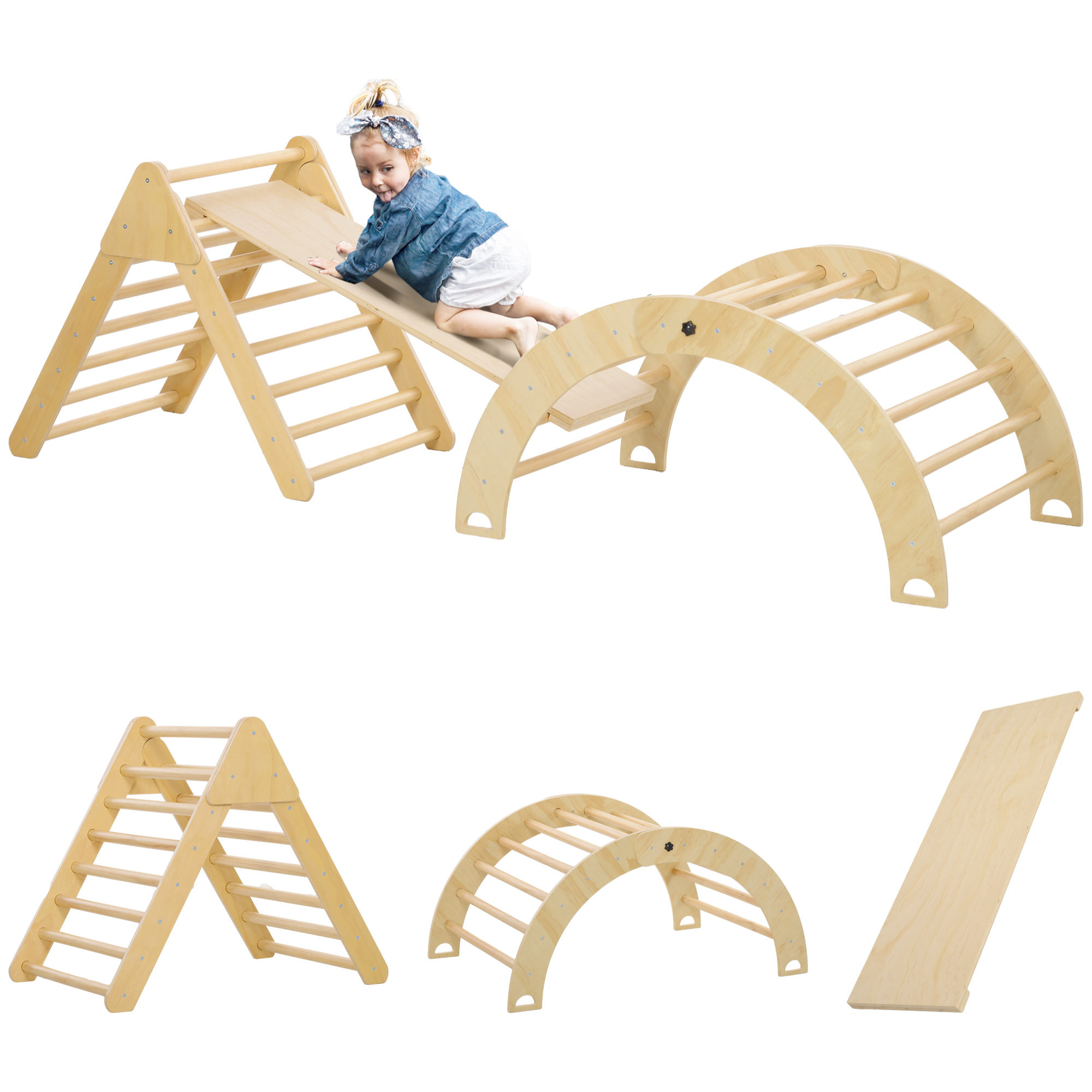 Triángulo de Escalada de Madera Escalada para Niños de 18-48 Meses con Rampa Escalador de Arco para Deslizarse o Escalar 219x72,5x68,5 cm Multicolor