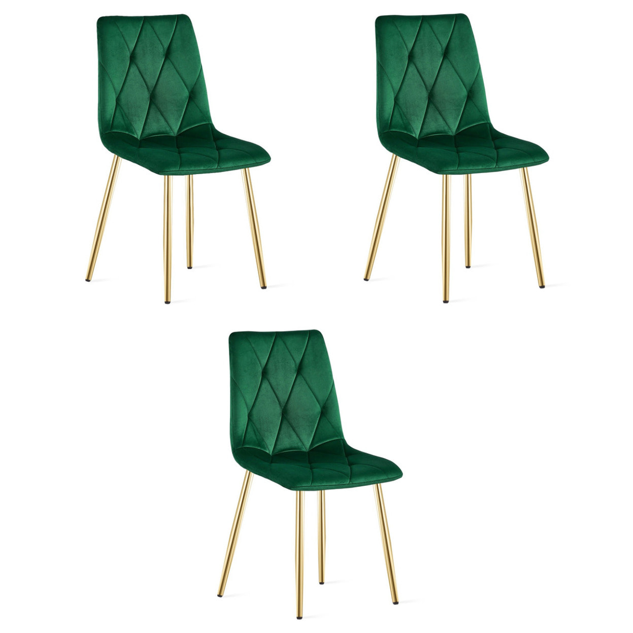 Set di 3 Sedie Libra in Velluto Verde Bosco e Gambe Oro
