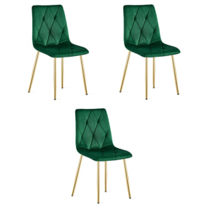 Set di 3 Sedie Libra in Velluto Verde Bosco e Gambe Oro
