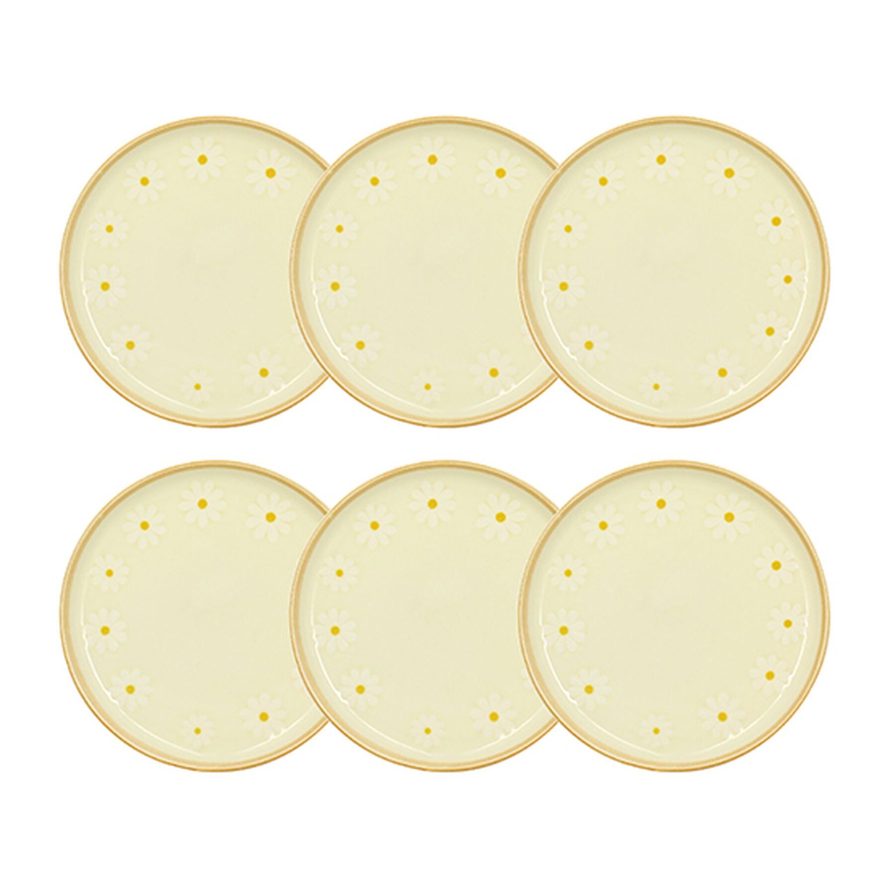 Lot de 6 assiettes à dessert 20cm en grès beige à motif marguerite MARGUERITE
