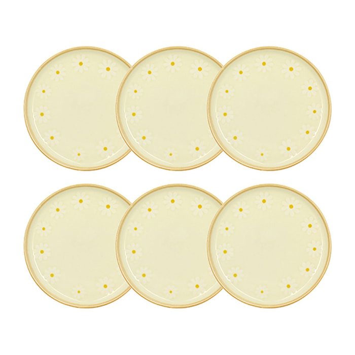 Lot de 6 assiettes à dessert 20cm en grès beige à motif marguerite MARGUERITE