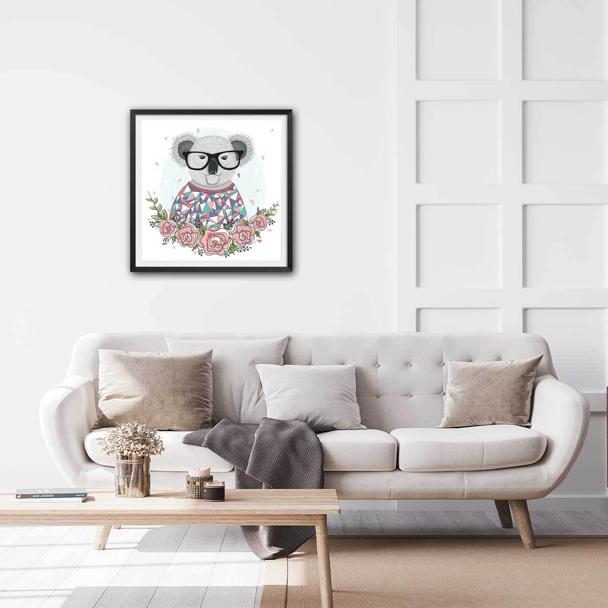 Affiche enfant hipster koala Affiche + cadre en bois - Noir