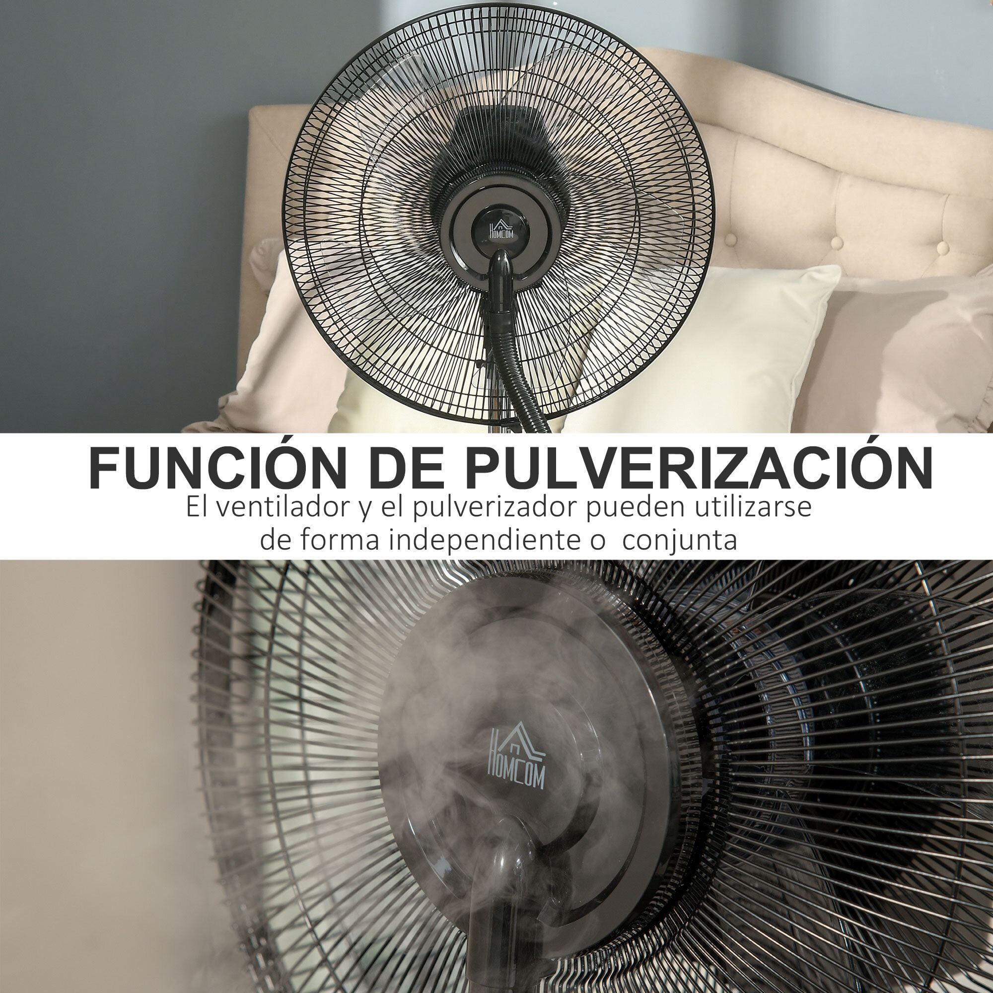 Ventilador de Pie Oscilante con Nebulizador 90W con Control Remoto 5 Aspas Tanque de Agua 3,1 L 3 Velocidades Temporizador y Ruedas 44,5x44,5x135 cm Negro