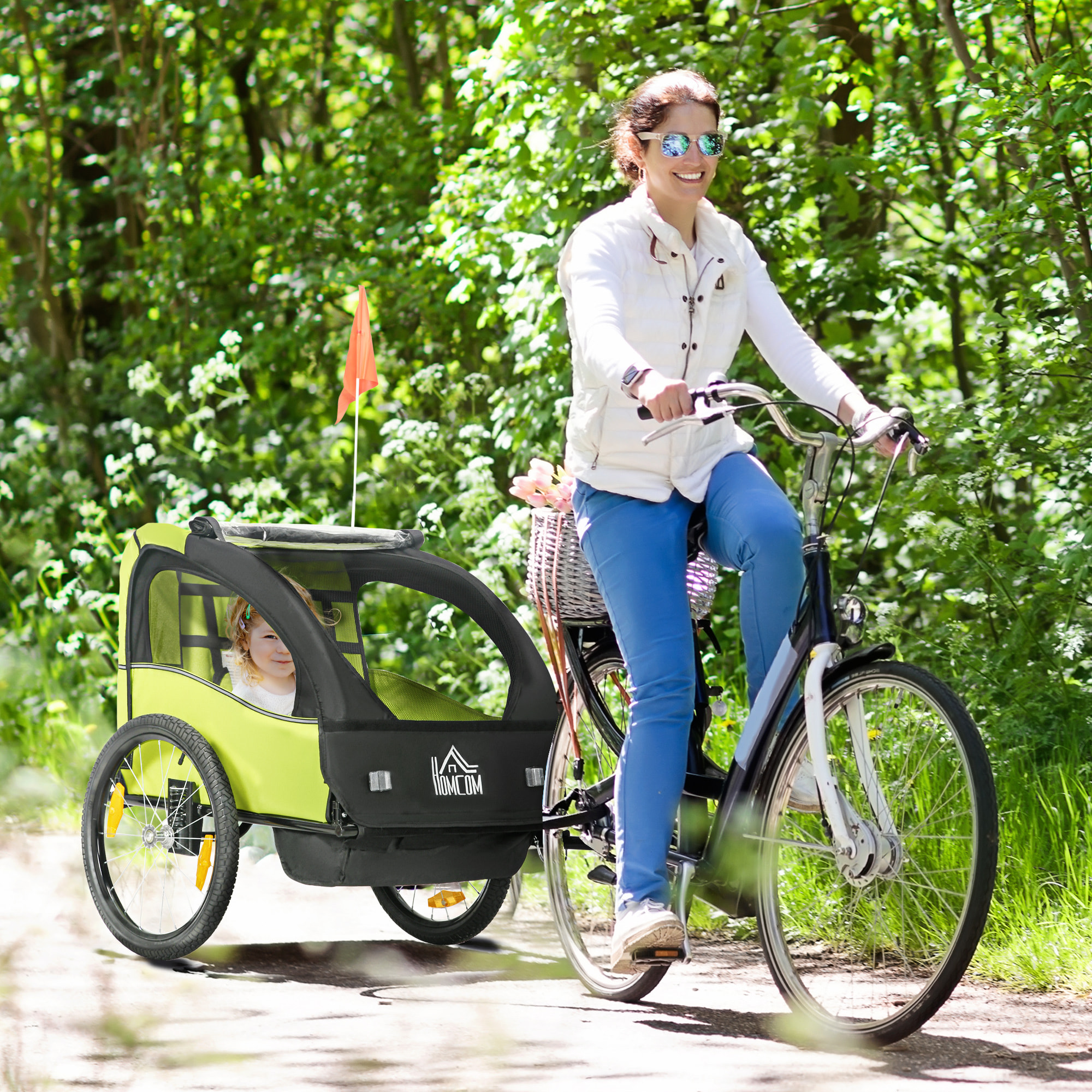 Remolque de Bicicleta para Niños +18 Meses Cochecito para Transporte de 2 Plazas con Cinturón de Seguridad Espacio de Almacenamiento y Sistema de Amortiguador 140x88x90 cm Verde