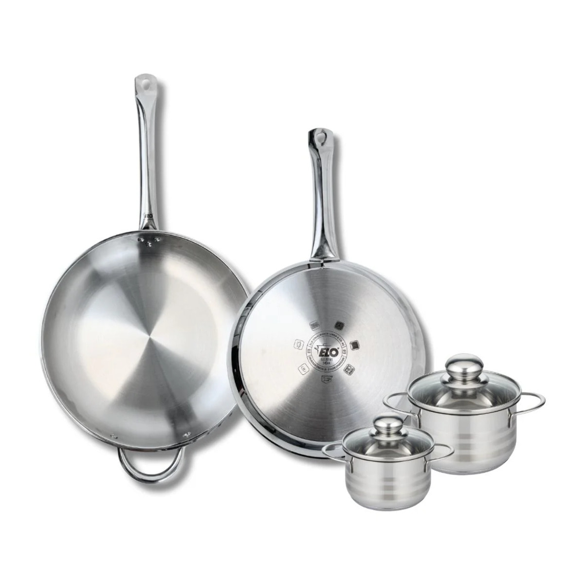 Ensemble de 2 Poêles de cuisson 28 et 32 cm et 2 faitouts 12 et 14 cm Elo Profi Brillant